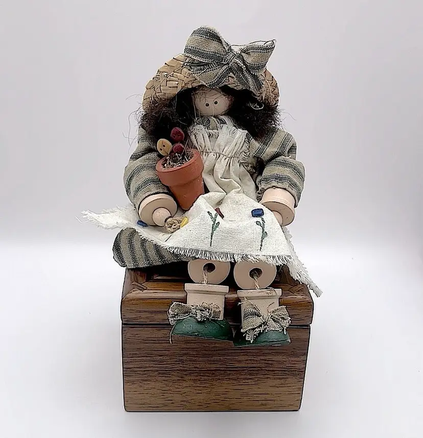 Vintage, Handmade, Signed “Betty” 1996, Spool Doll with Planter, Straw Hat