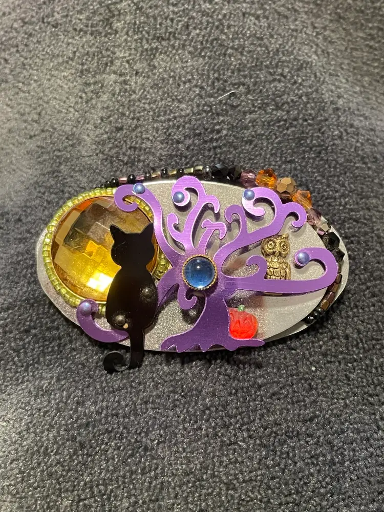 Liztech Halloween Cat on Tree Brooch Pin Signed Mixed Metal Layered 2013 RARE