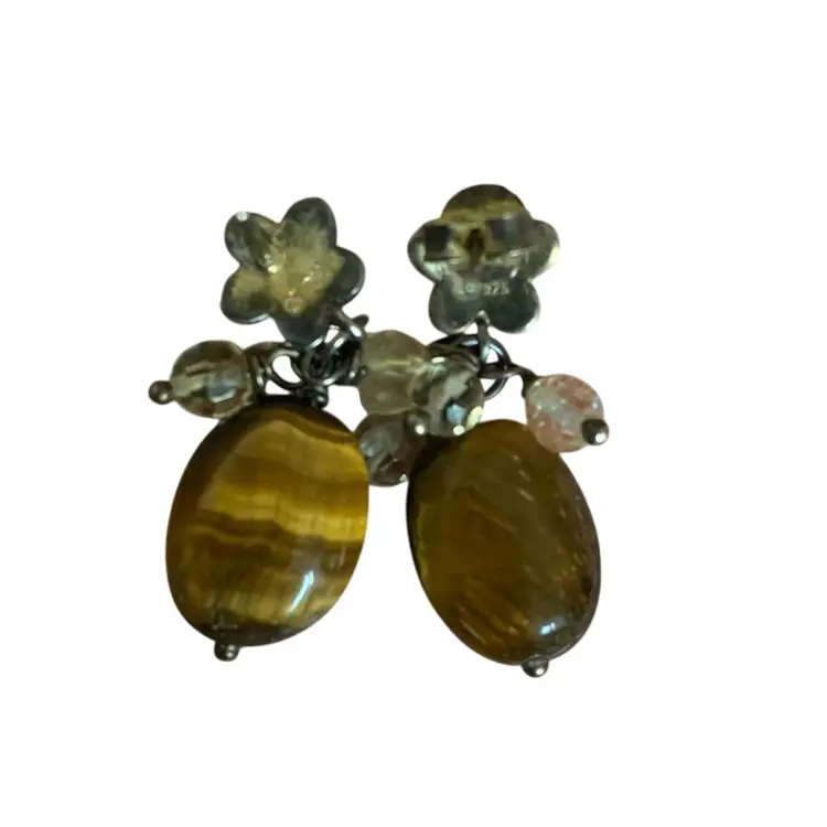 Vintage tiger Eye Dangle Pierced Earring With Crystals