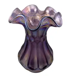 Fenton Glass Vase Flute and Dot Iridescent Purple Violet Ruffled Top 5.5” Tall