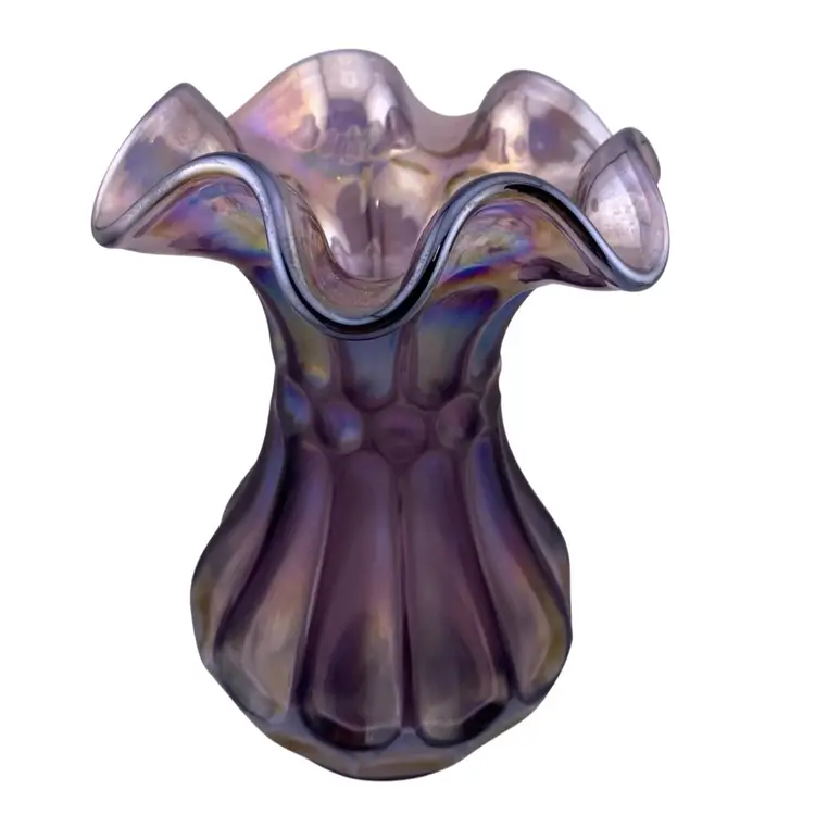 Fenton Glass Vase Flute and Dot Iridescent Purple Violet Ruffled Top 5.5” Tall