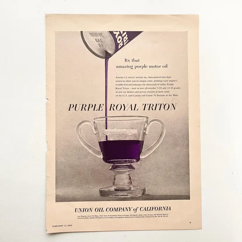 Purple Royal Triton Motor Oil Advertising Print Ad Vintage 1950s
