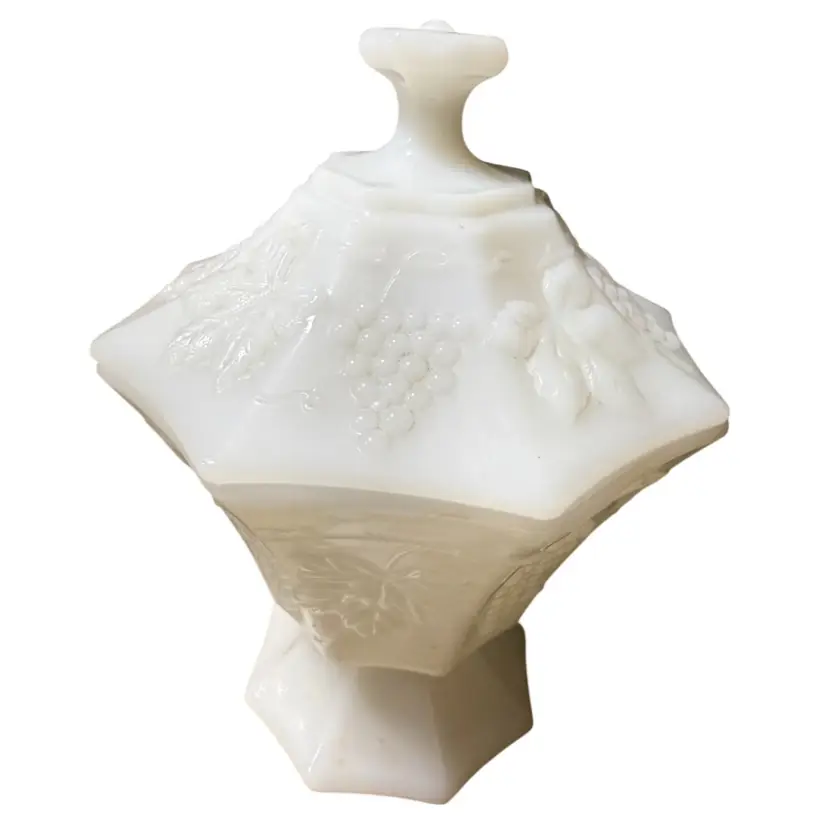 Vintage Anchor Hocking Milk Glass Candy Dish with a Grape and Leaf design