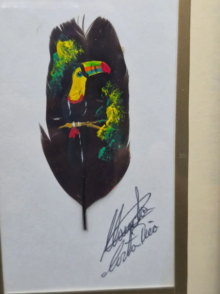 Hand-Painted Toucan Feather Art In Wood Frame 6.5x4.5 Inches Signed Jose Garro
