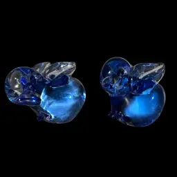 Blue Art Glass Bunny Paperweights Figurines - Pair