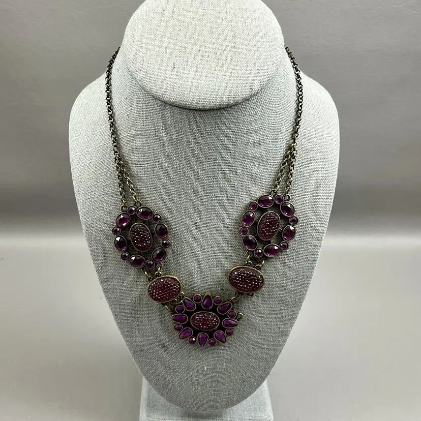 Vintage Purple Statement Necklace Antiqued Gold Tone Druzy Cabochon Faceted Rhinestones
