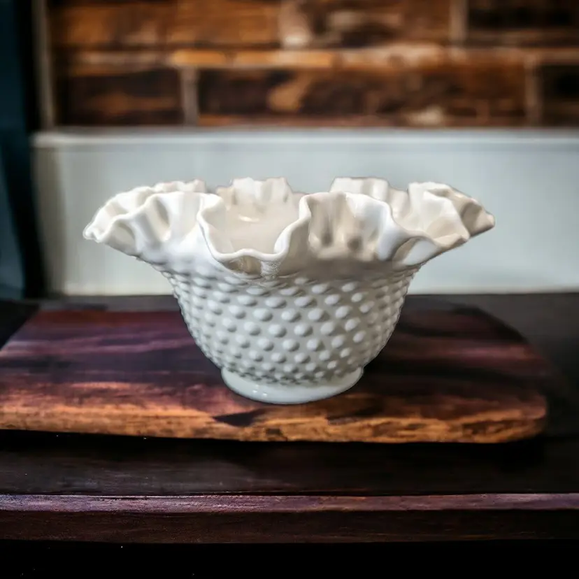 Vintage Fenton 80s White Milk Glass Hobnail Ruffled Crimped Edge Vase Bowl 8.75”