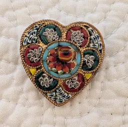 Very Intricate Vintage Gold Tone Micromosaic Heart Brooch with Red, Green and Teal Detail