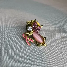 01. Breast Cancer Awareness Guardian Angel Pin Rhinestones & Gold Tone