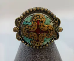 Tibetan Silver tone Turquoise and Red Coral Size 8 Ring