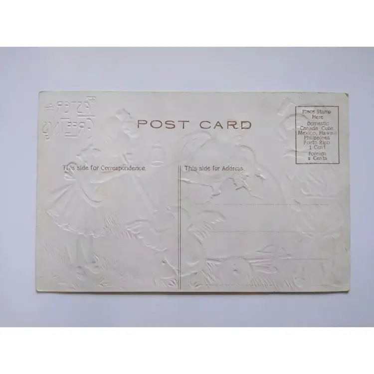 Easter Postcard Fantasy Baby Chicks Pink Egg Cart Flag Horn Colorful Unused