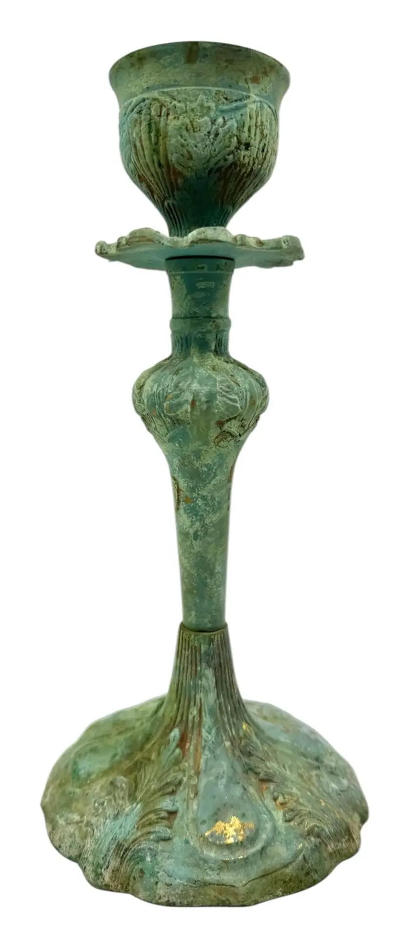 Vintage Brass Metal Candlestick Holder Faux Green Patina Verdigris Floral 10”
