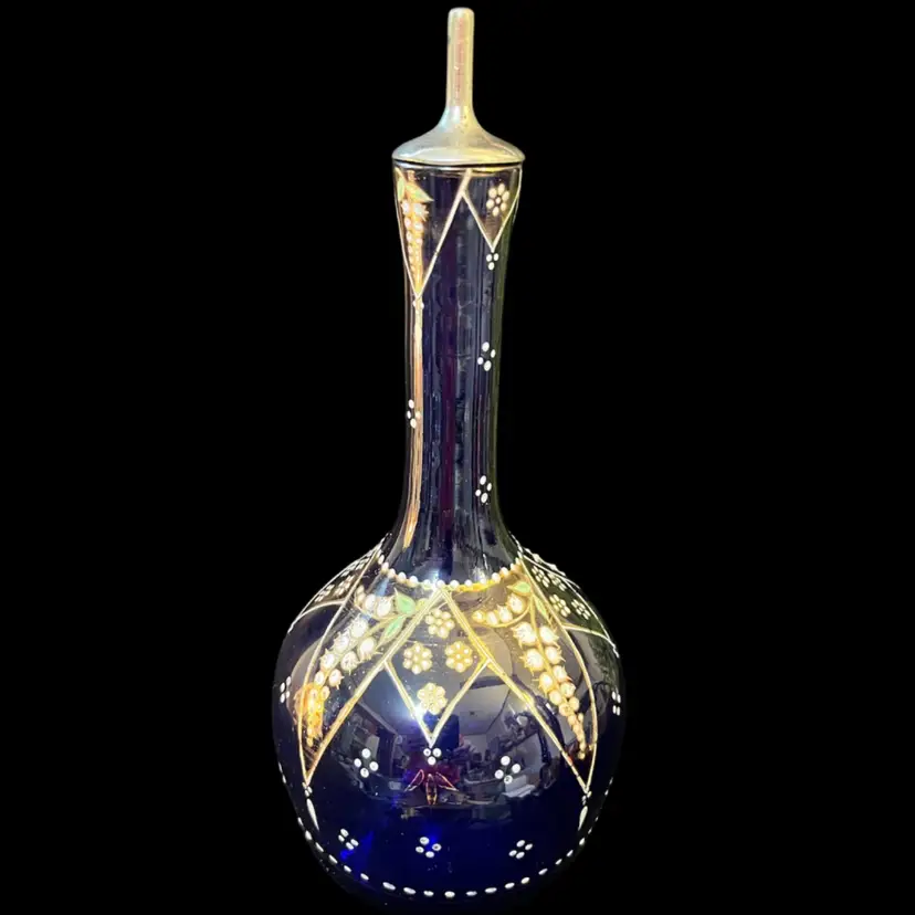 Antique-Bohemian (Czech) Cobalt Blue Handblown & Hand Painted Enamel Lily of the Valley Flowers & Gold Gilt