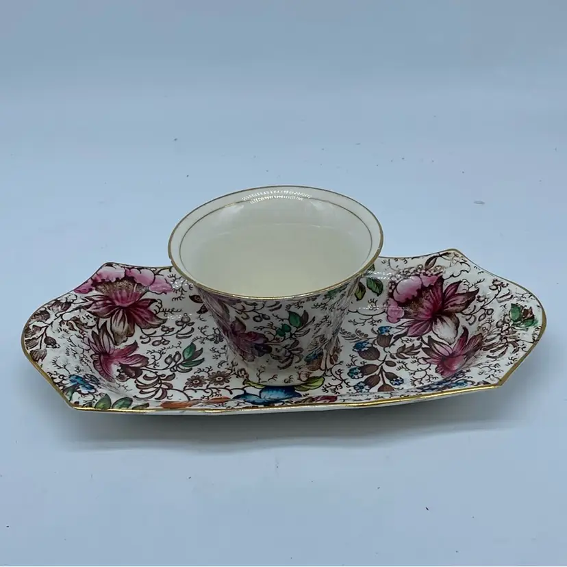 #3722 Early 18th-century J Kent Fenton England chintz Tray And Cup with gold trim.