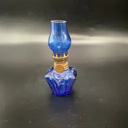 Vintage Cobalt Glass Mini Oil Lamp Marked Hong Kong