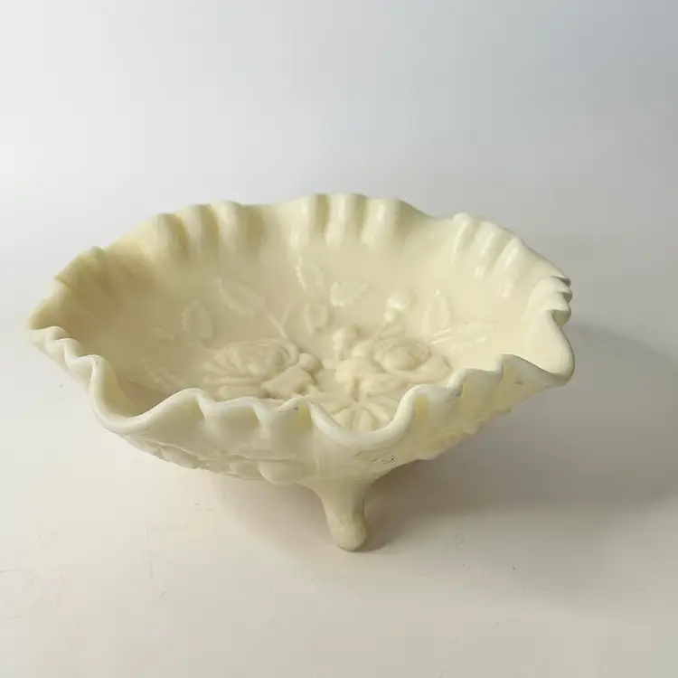 Vintage Rose Imperial Glass Doeskin Satin Custard glass 9" Crimped Footed Bowl 1950's