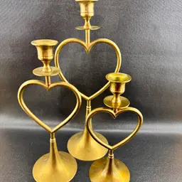 Set of 3 Vintage Brass Heart Candlestick Holders Made in India