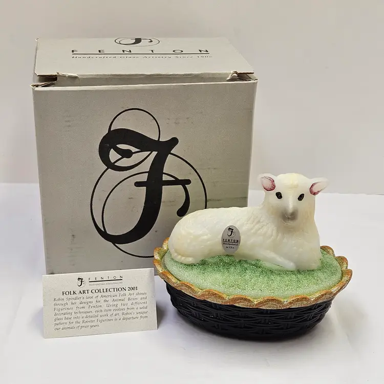 Fenton Glass Lamb Sheep On Nest Folk Art Collection With Box Hand Painted Signed