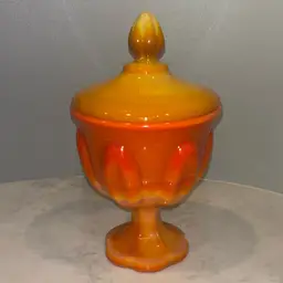 LE Smith Bittersweet Orange Slag Glass Pedestal Compote Covered Candy Dish Lid