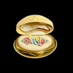 ‼️VERY RARE‼️Brass And Faux Leather Padded Lined Jewelers’ Box With Antique Porcelain Floral Screw Back Earrings Box 2 1/2” Great Vintage Condition Earrings Super Small Flea Bite