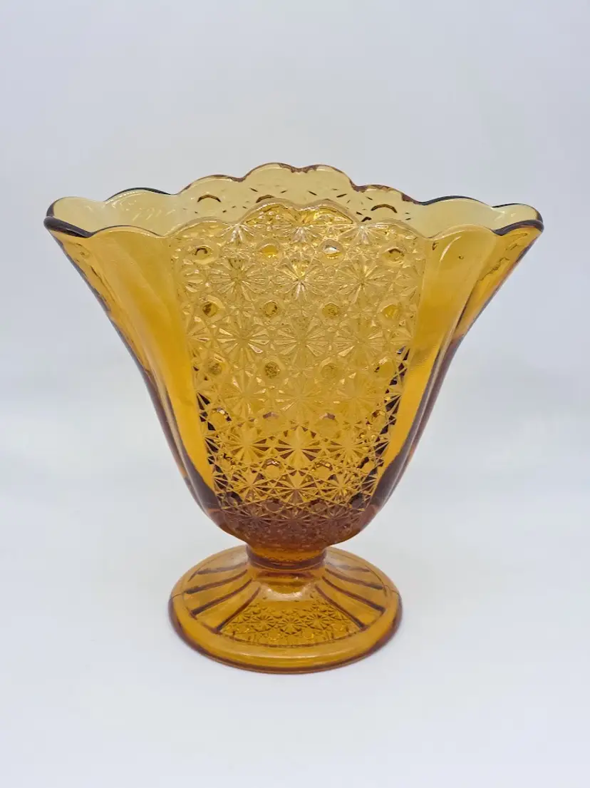 Fenton Amber Daisy & Button Fan Vase 9"