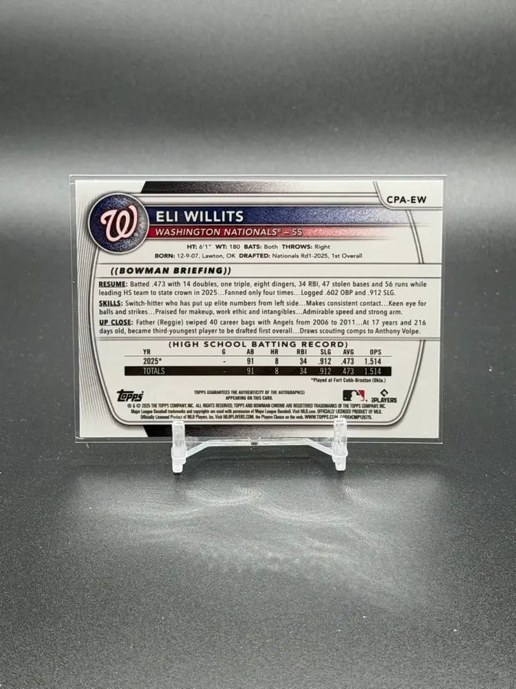 Eli Willits 2025 Bowman Draft Chrome 1st Auto - Washington Nationals