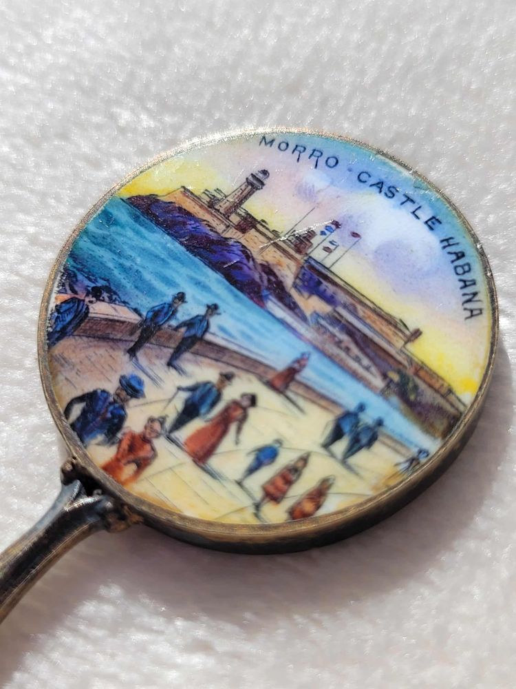 Antique Victorian Guilloche Enamel Havana Cuba Scene Mini Hand Mirror Chatelaine
