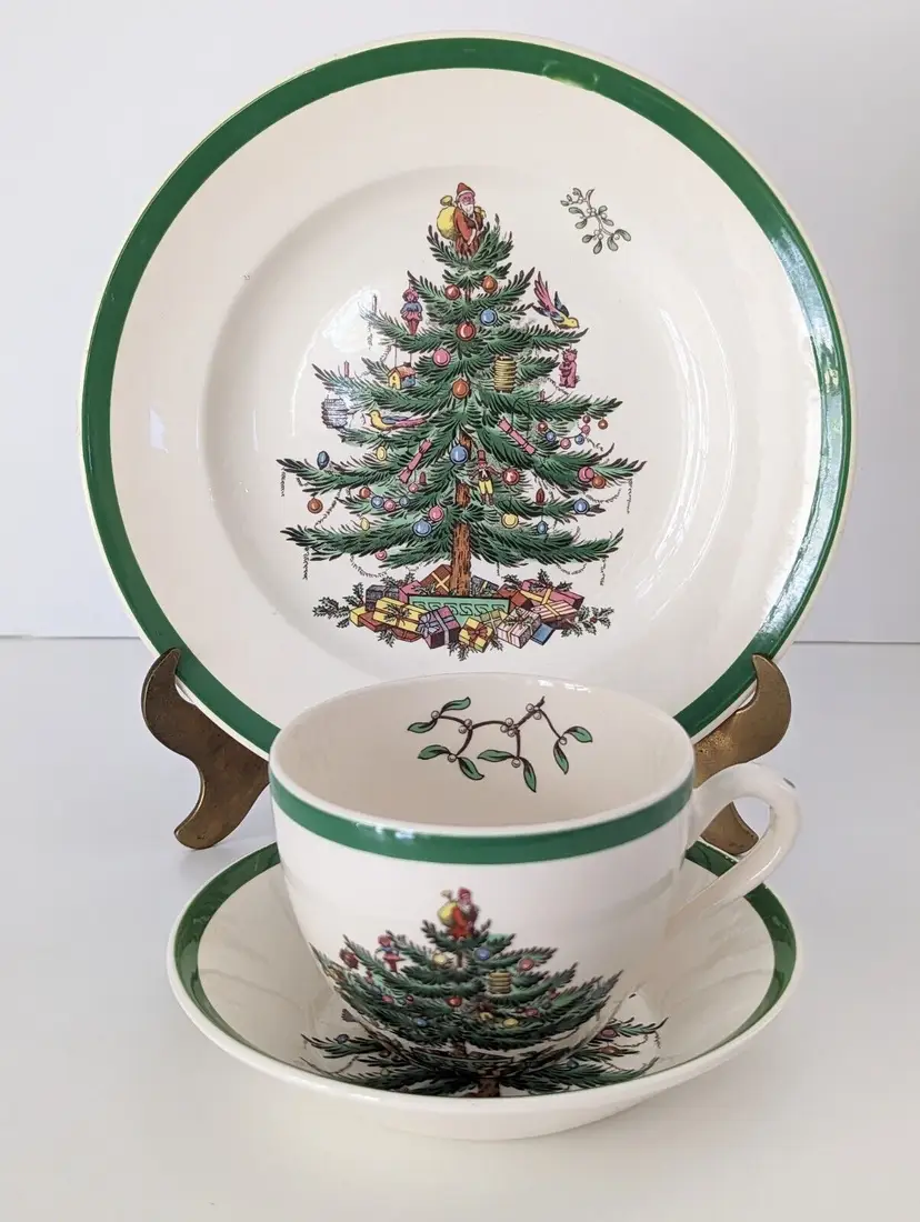Vintage Spode England Christmas Tree Santa Dessert Plate Cup and Saucer Set of 3