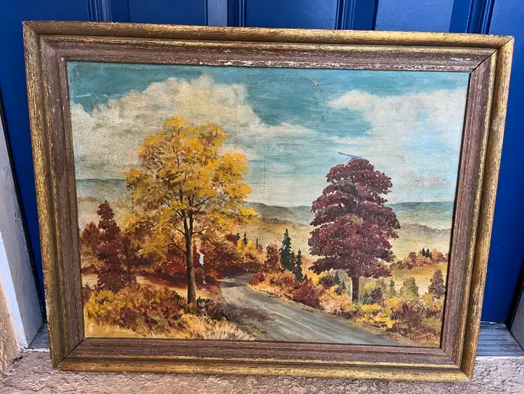 Vtg Large Original Oil Painting Signed Wooden Frame Rustic Farmhouse AS IS