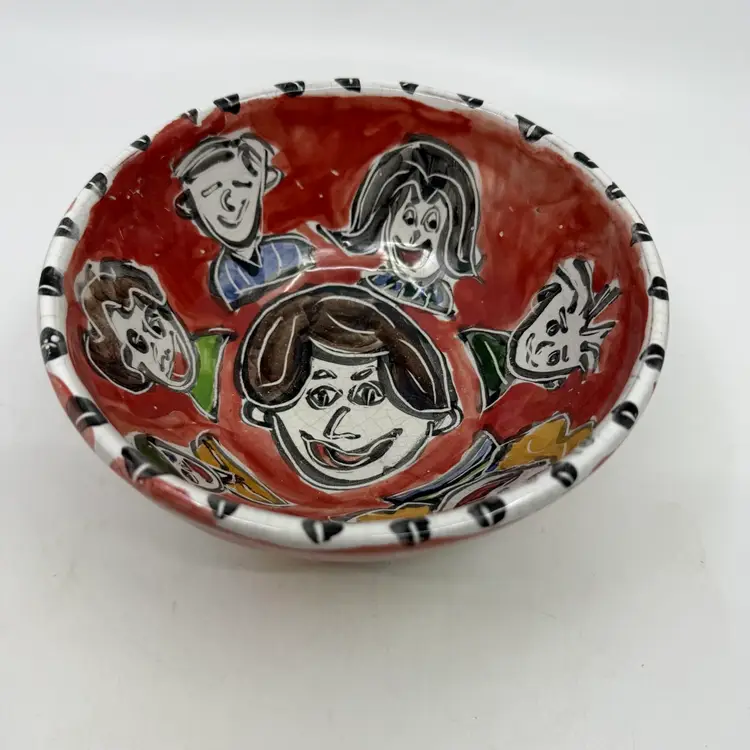 Vintage Ceramic Pottery Decorative Bowl Fired Red Clay W/ Red Glaze Background Cartoons Faces All Over Design READ