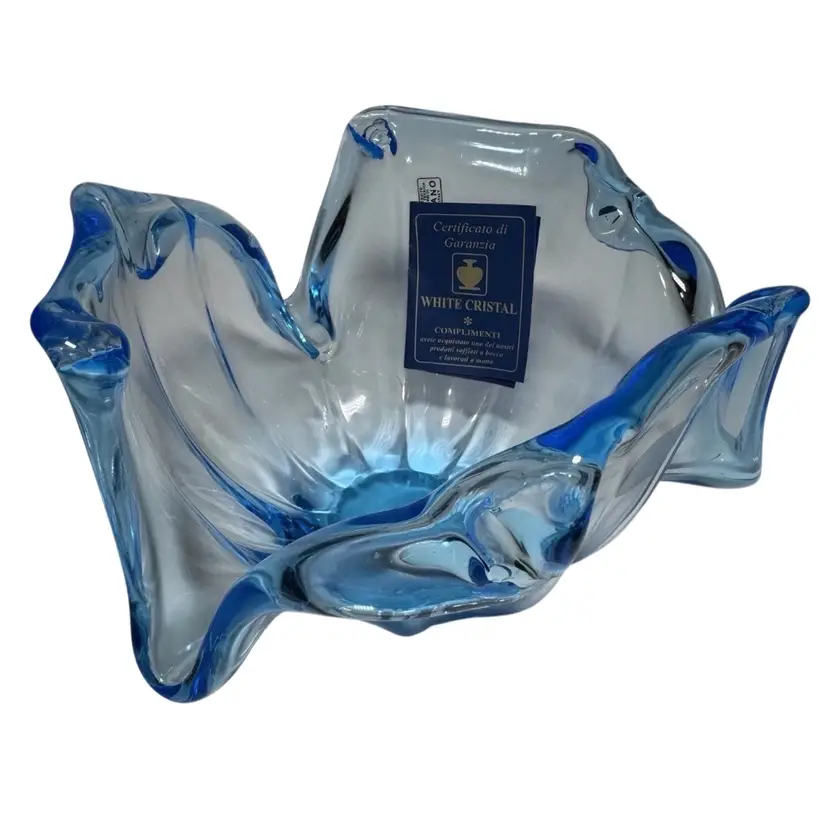 Murano Art Glass Blue Tint White Cristal Hand Made Centerpiece Bowl Italy