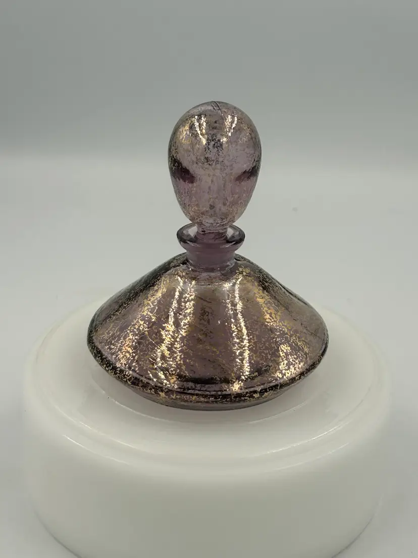 Vintage art glass purple with gold flecks perfume bottle and stopper, bell bottom