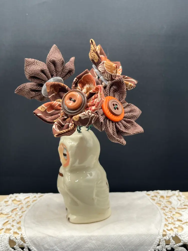 Made By Me Fabric And Button Flowers In A Winking Owl Shaker 6.5” X 4”