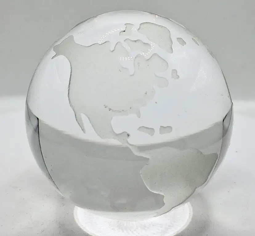 2" Crystal Globe Paperweight With Frosted Continents, Made in Czech Republic