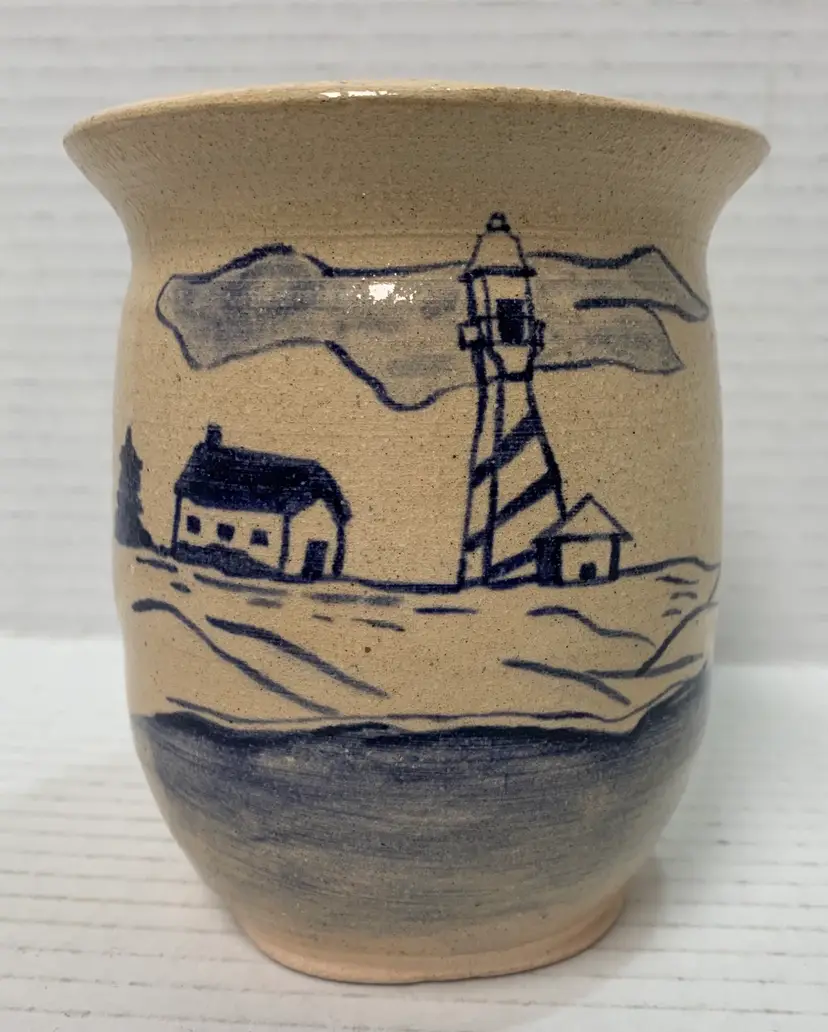 Handmade pottery small pot with handpainted lighthouse scene. Signed JKL Four Seasons