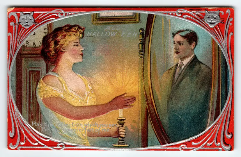 Vintage 1909 Halloween Divided Back Postcard Woman Candle Mirror Man Reflections