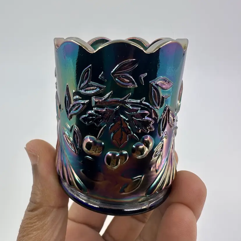 Vintage St Clair Wreathed Cherry Carnival Glass Toothpick Holder
