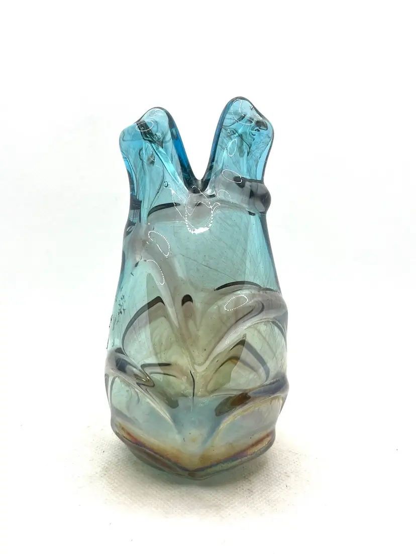 Vintage Blown Art Glass Stem Bud Vase Sculpture Teal Purple Black Swirl Pattern