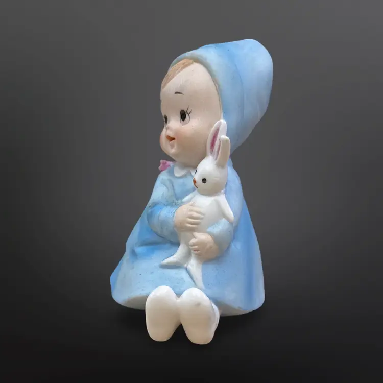Vintage Lefton Baby Figurine Cute Spring Girl Bunny KW3120 Bisque Porcelain