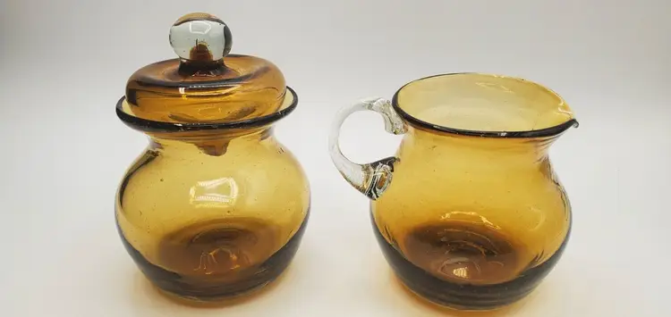 Vintage Handblown Amber Glass Creamer and Sugar Dish