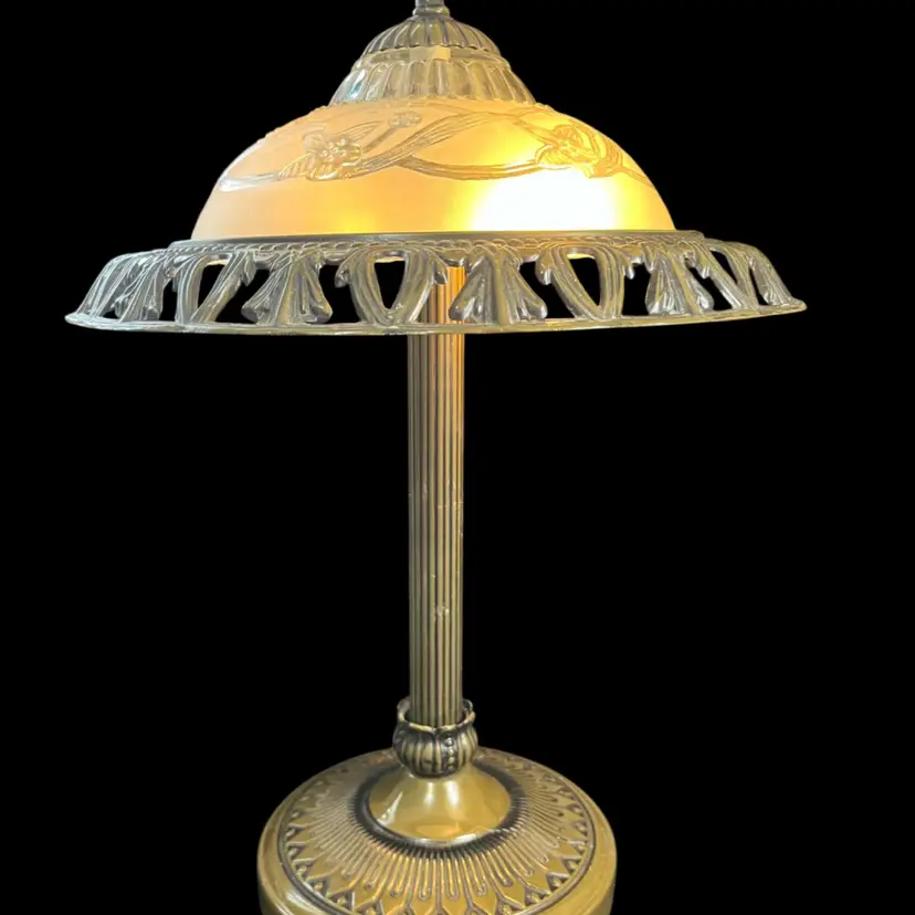 Art Nouveau-Bronze Floral Table Lamp w/ Frosted Glass Bell Shade