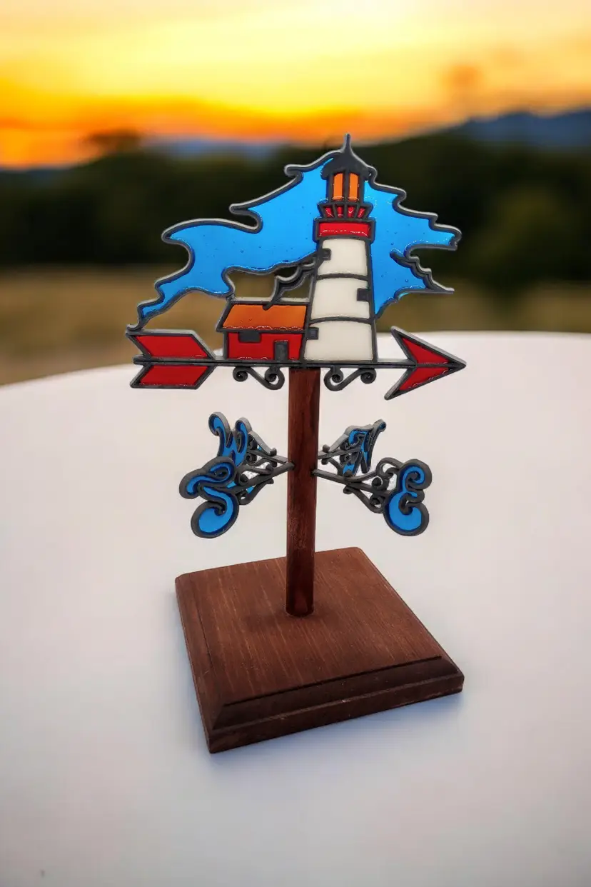 Handmade Stained Glass Lighthouse Weathervane Patriotic Vintage Moveable