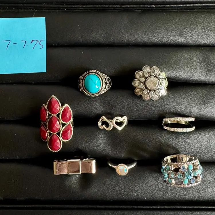 Lot of 8 Rings - Sizes 7-7.75 Silver Tone