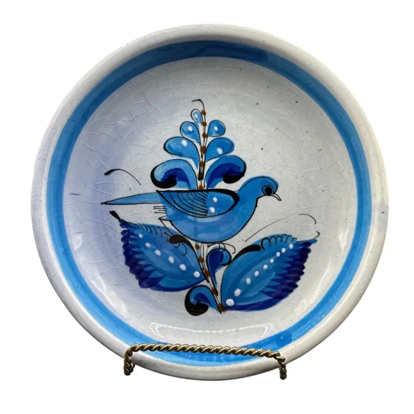 Hand Painted Mexican Tonola Pottery Trinket Pasta Dish BLUE Bird Frond Flower
