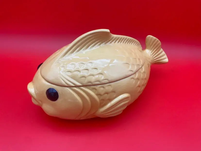 Vintage Yellow Koi Fish Ceramic Soup Tureen or Cookie Jar w/ Lid - 12" Long