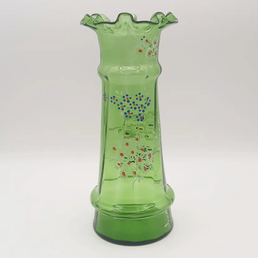 Vintage Handpainted Floral Green Glass Vase Ruffled Rim