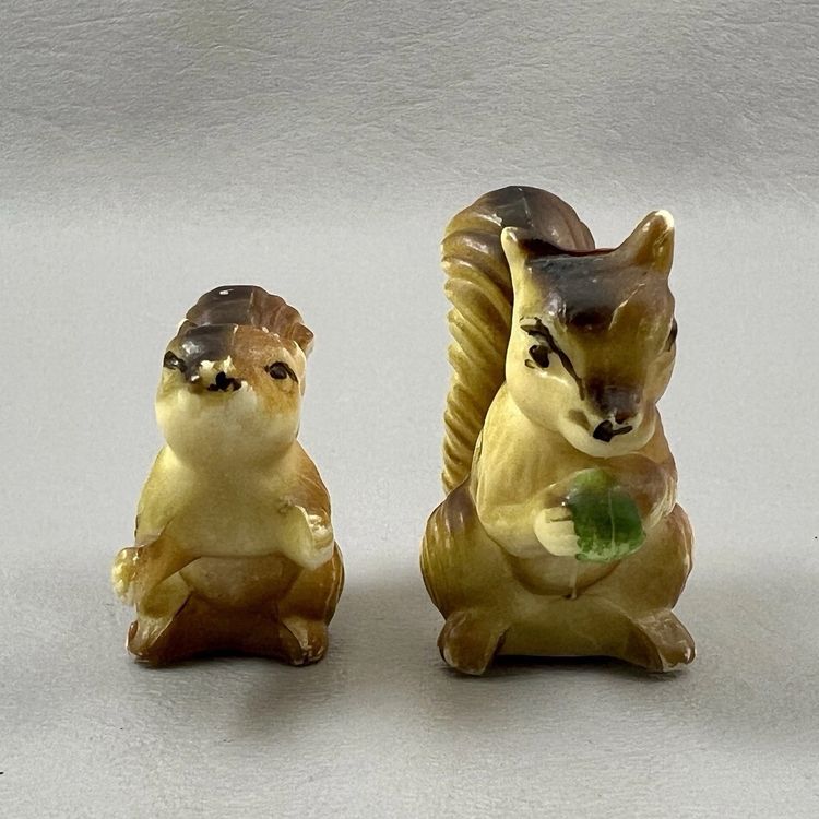Vintage Small Plastic Two Squirrel Figurines Hong Kong Sitting Up Nut