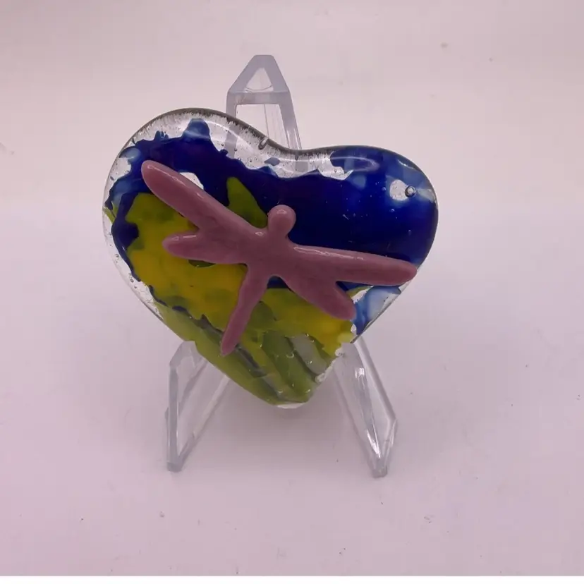 Made by Me! Fused Glass Pocket Heart with 3D Dragonfly 2” Handcrafted Studio Art
