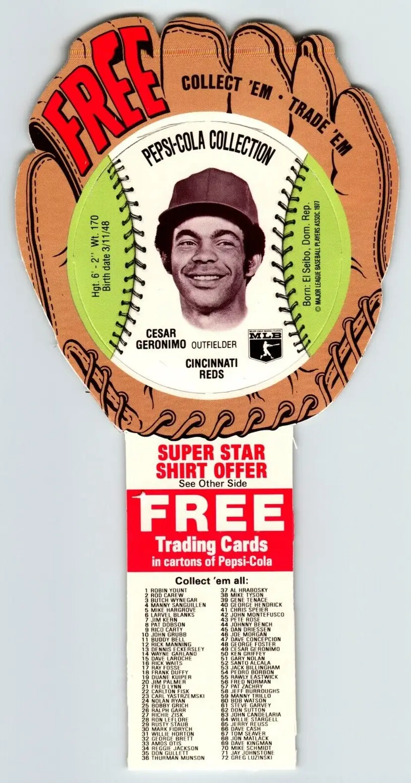 Pepsi-Cola Baseball Trading Card 1977 Cesar Geronimo Cincinnati Reds MLB Trade
