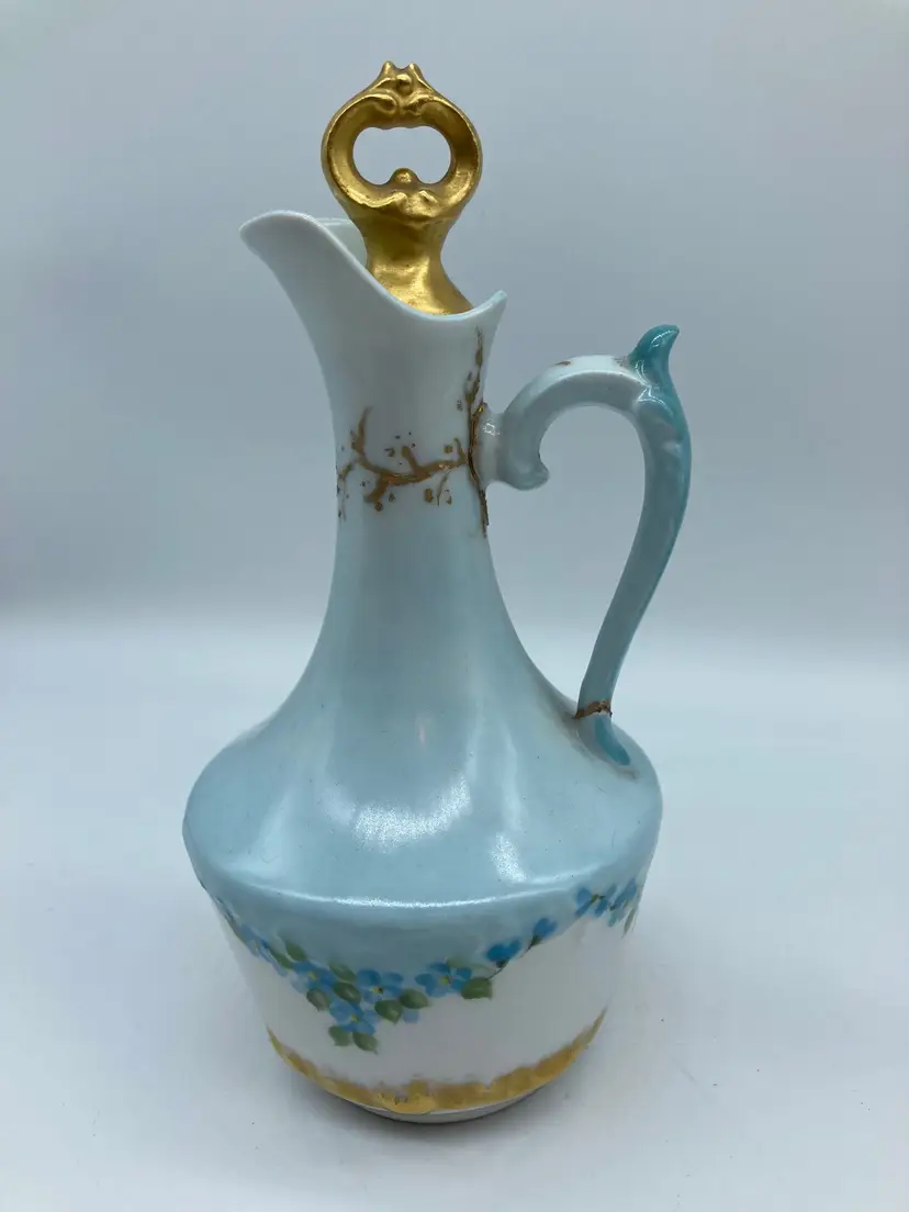 Antique Blue and Gold Ceramic Cruet Stamped T & V Limoges France Depose - Repaired